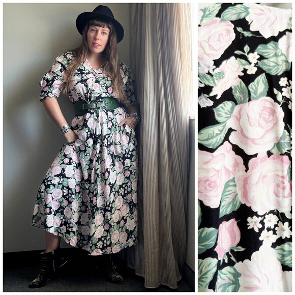 Vintage 90s Black and Pink Floral Midi Girly Church Dress | M-XL - Picture 1 of 16